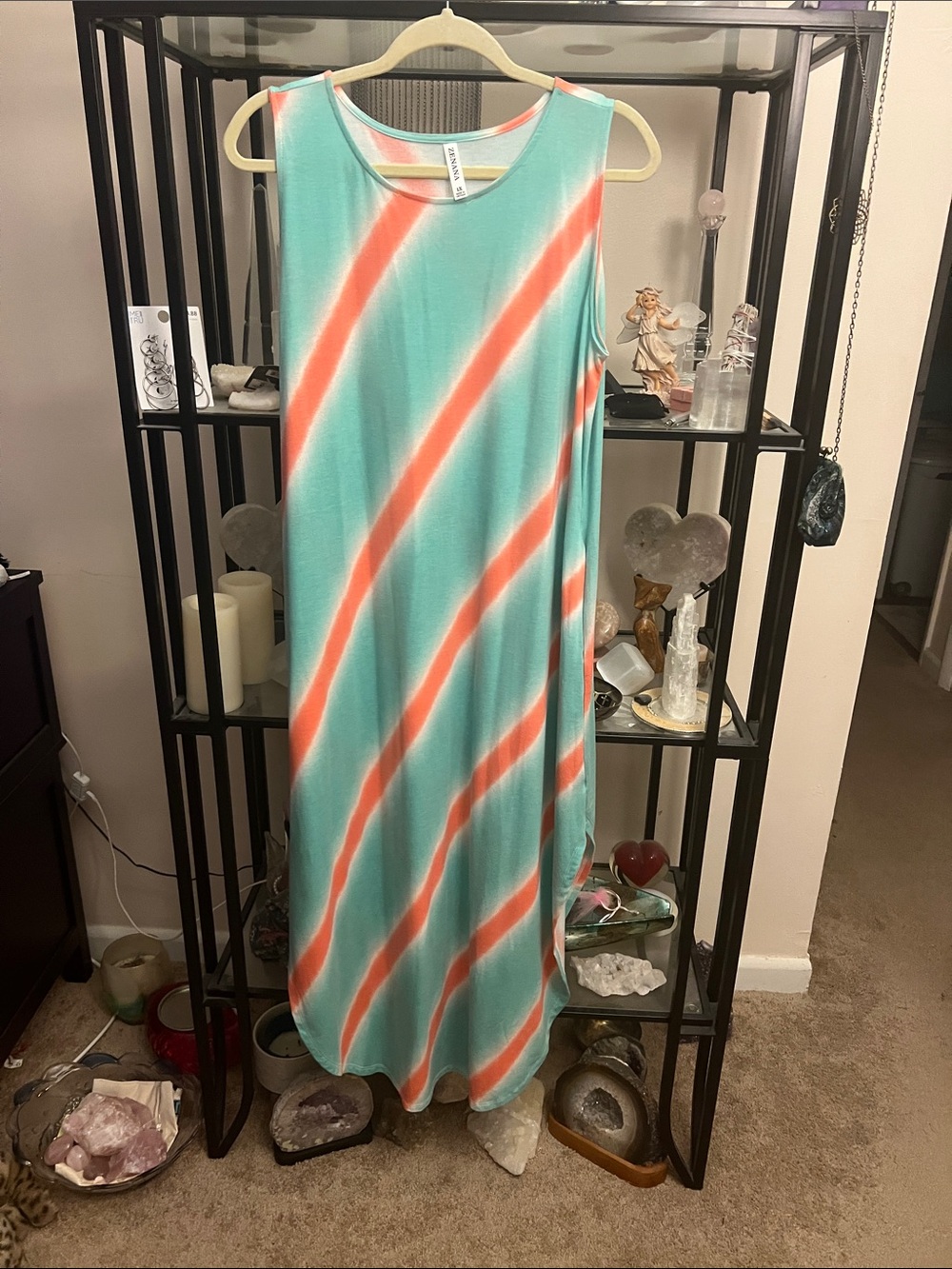 Zenana Sleeveless Aqua & Coral Diagonal Stripe Maxi Dress NWOT